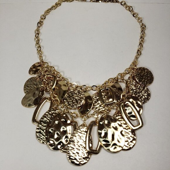 Polished Gold tone Layered Textured, Hammered Discs Hoops Charms Necklace - Picture 5 of 8